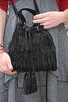 Tasseled black Italian leather hand/shoulder bag. akrk 50