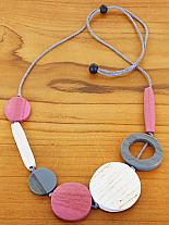 Pink/grey mixed shape wood necklace.1101