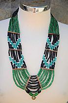 Sketch green/black/blue one off tribal beaded necklace.TGBB
